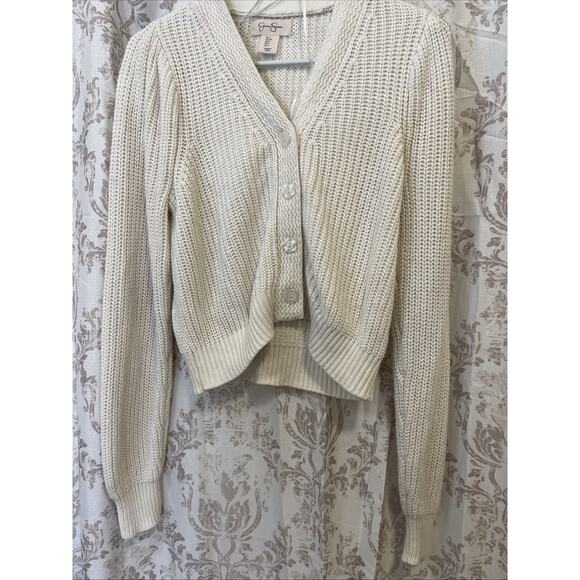 Jessica Simpson Ivory Button Up Crop Cardigan Small -Flower Buttons-Long Sleeve - Picture 1 of 11